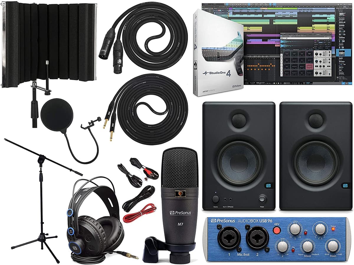 PreSonus AudioBox 96 Placa de Audio Full Studio Bundle - Software Studio One Artist, Par de Monitores de Estudio Eris 3.5, Cable de Instrumento TRS de 1/4" y Pantalla de Aislamiento para Micrófono