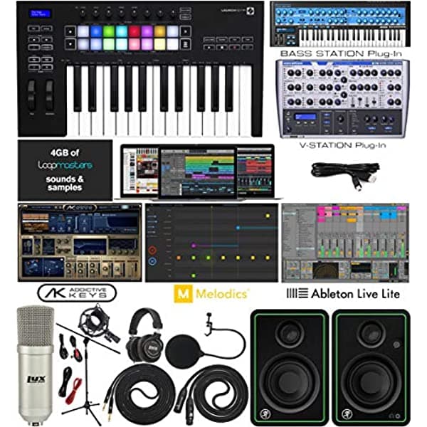 Novation Launchkey - Teclado Midi Usb 25 Mk3 Controlador De 25 Teclas Con Paquete De Software Ableton Live Lite Y 4 Gb De Sonidos Y Muestras Loopmasters Con Pares De Monitores De Estudio Y Cables De Instrumentos Mackie Cr3-X