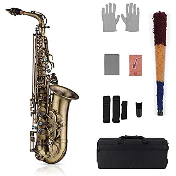 Muslady Saxofón Alto Eb Acabado Antiguo E-Flat Sax con Llaves de Patrón Tallado, Funda Acolchada, Kit de Limpieza y Correa