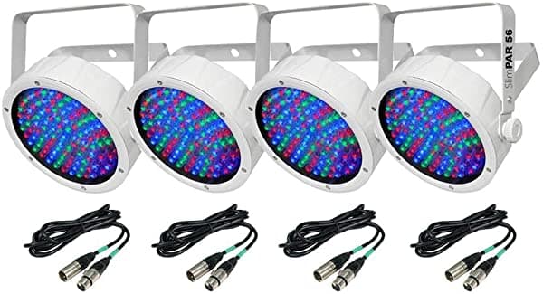 4 Chauvet SlimPar 56 LED Blanco Slim Par Can Luces con 10" y 25 Cables DMX