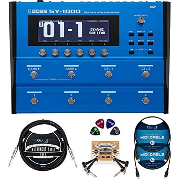 blucoil Boss Sy-1000 - Paquete De Sintetizador De Guitarra Con Cable De Instrumento Recto De 10 Pies (1/4 Pulgadas) Cable Midi De 5 Pies 2 Paquetes De Cables De Parche De Pedal Y 4 Púas De Guitarra A1577