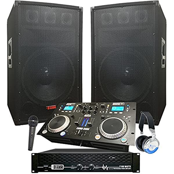 Adkins Professional Audio Sistema de DJ Completo - 2100 Vatios Parlantes de 12 Pulgadas Amplificador Mezclador/Reproductor de CD Micrófono y Auriculares DJSYS-61-A