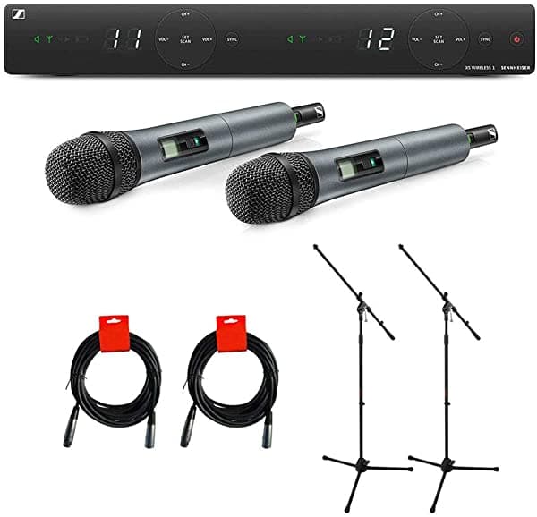 Sennheiser Xsw - Sistema De Micrófono Inalámbrico De Doble Canal 1-825 Con Soporte De Micrófono De Trípode Y 2 Cables Xlr-Xlr