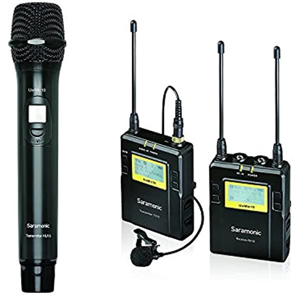 Saramonic UWMIC10 Sistema de micrófono lavalier UHF inalámbrico + de mano, transmisor bodypack + lav mic + transmisor de mano + receptor, montaje XLR, salidas 3.5 mm RX10+TX10+HU10
