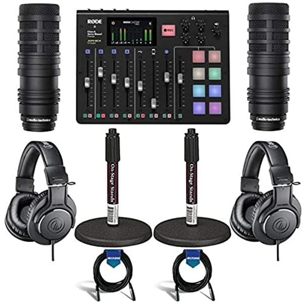 Rode Micrófonos Rodecaster Pro Consola De Producción Integrada De Podcast Paquete Con 2 Micrófonos De Diafragma Grande At Bp40 2 Soportes De Micrófono De Escritorio Ds7200B 2 Auriculares Ath-M20X Pro Monitor 2 Cables De 20 Pies