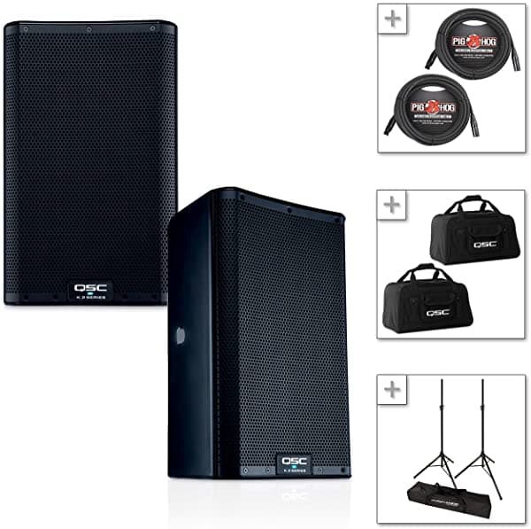 QSC K10.2 Full-Range 2000W 2 vías parlante portátil potenciado, par + 2 fundas + soportes trípode + 2 cables XLR para micrófono