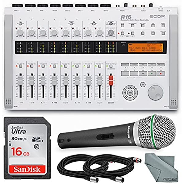 Zoom R16 Multi-Track Grabador Y Mezclador Placa Y Controlador Bundle Q6 Mic + Cable + 16 Gb + Tela De Fibertique PS-R16