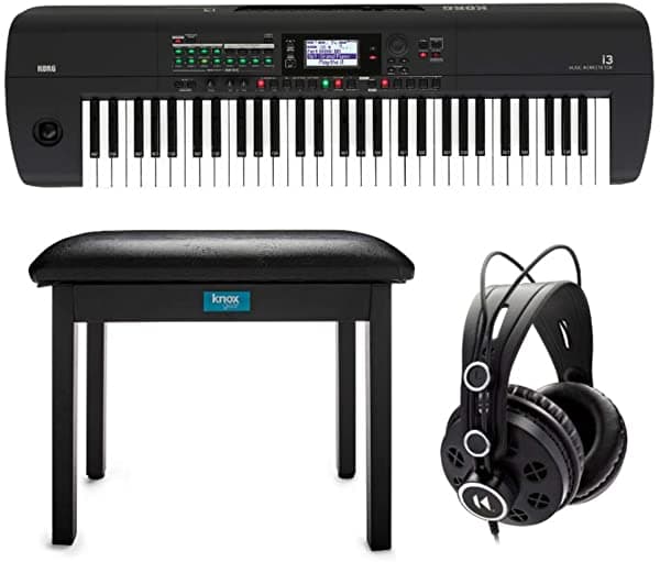 Korg I3 Estación De Trabajo De Música De 61 Teclas (Negro Mate) Con Banco Knox Gear (Negro) Y Auriculares De Estudio (3 Artículos)