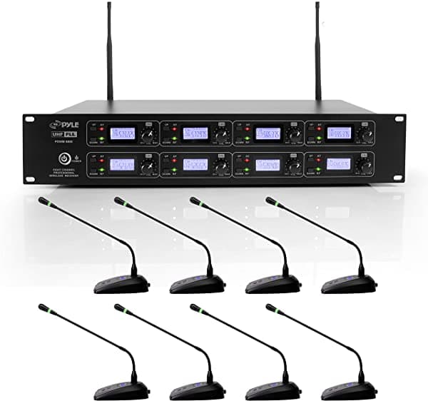 Pyle PDWM8880 Sistema de Micrófonos de Conferencia de 8 Canales - Micrófonos Inalámbricos UHF de Escritorio y Receptor con 8 Micrófonos Gooseneck (Cuello de Cisne), Montaje en Rack y Luces Indicadoras de Señal de Audio LED