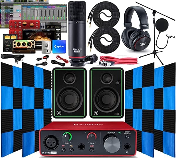 Focusrite Scarlett Solo - Interfaz De Audio Usb 2X2 Con Kit De Software De Música Creativa Con Monitor De Estudio Mackie Cr3-X Paquete De 24 Cuñas Acústicas De Espuma De Estudio Insonorizadas Paneles De Aislamiento Acústico