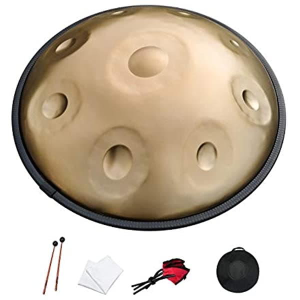 YueLing Handpan Drum 9 Notas 22 Pulgadas Oro en Re Menor con Funda Blanda, Soporte Duradero, Mazos y Paño Libre de Polvo