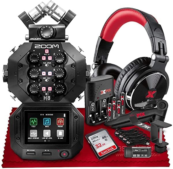 PS Zoom H8 Grabador Portátil de 8 Entradas / 12 Pistas con Tarjeta de Memoria de 32GB y Auriculares Xpix Pro con Kit de Accesorios Esenciales