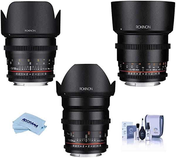 Rokinon 24mm, 50mm & 85mm T1.5 Cine DS Kit de 3 Lentes para Sony E, Paquete con Kit de Limpieza, Paño de Limpieza 24mm T1.5