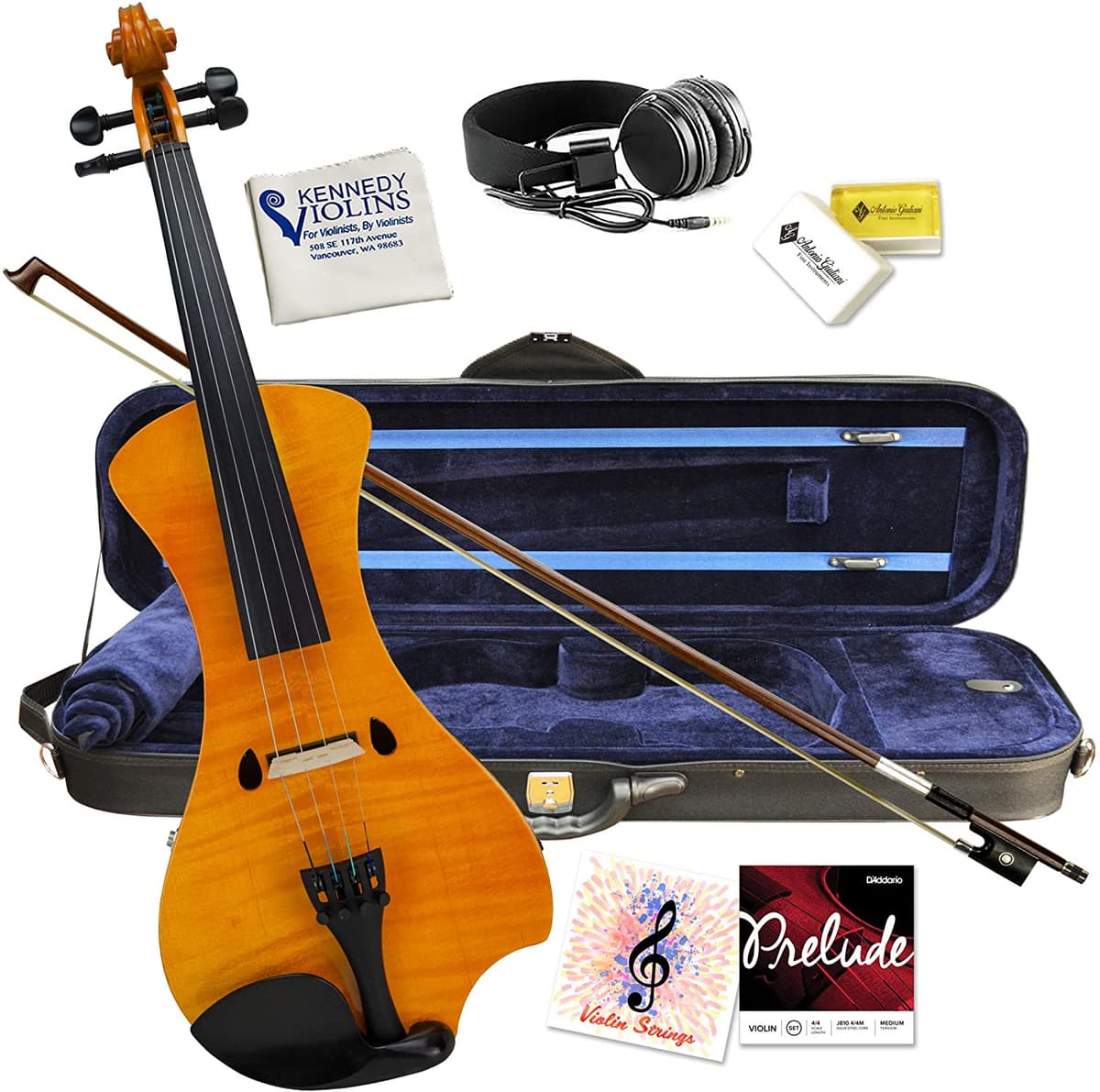Kennedy Violins Conjunto De Bunnel De Violín Eléctrico 4 4 Accesorios De Carcasa De Miel De Miel De Tamaño Completo Y Incluye Recogida De Cerámica De Piezo De Calidad Auricular De La Más Alta Calidad Por