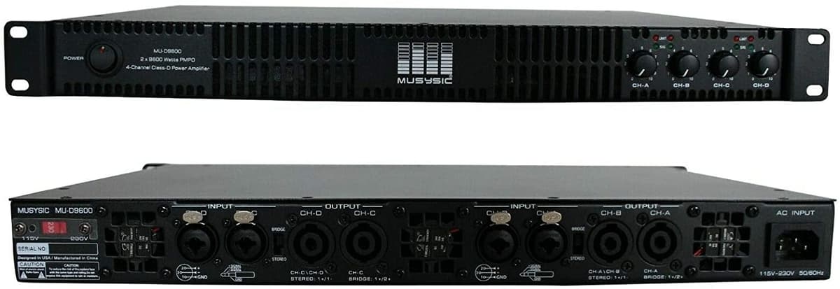 Musysic MU-D9600 Profesional 4 Canales 2x9600 Watts Clase D 1U Amplificador de Potencia