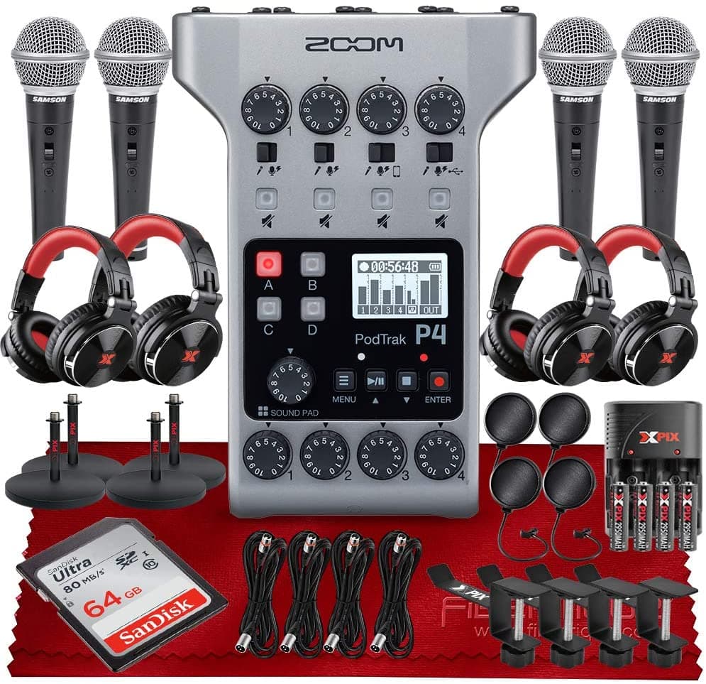 PS Zoom Podtrak P4 - Grabadora De Podcast Multipista Portátil 4 Entradas De Micrófono 4 Salidas De Auriculares Interfaz De Audio + 64 Gb Sd 4 Micrófonos Dinámicos 4 Auriculares Pro Dj Con Kit De Accesorios Platino ZP4_S