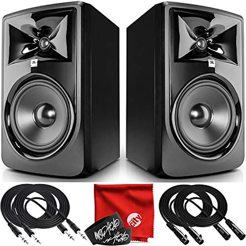 JBL Professional 308P MkII Monitor de Estudio Potenciado de 8 Pulgadas de Nueva Generación, Par, Bundle con 2X Cable Mophead TRS de 10 Pies, 2X Cable XLR de 10 Pies, Precintos y Paño de Microfibra JBL308PMKIIK6