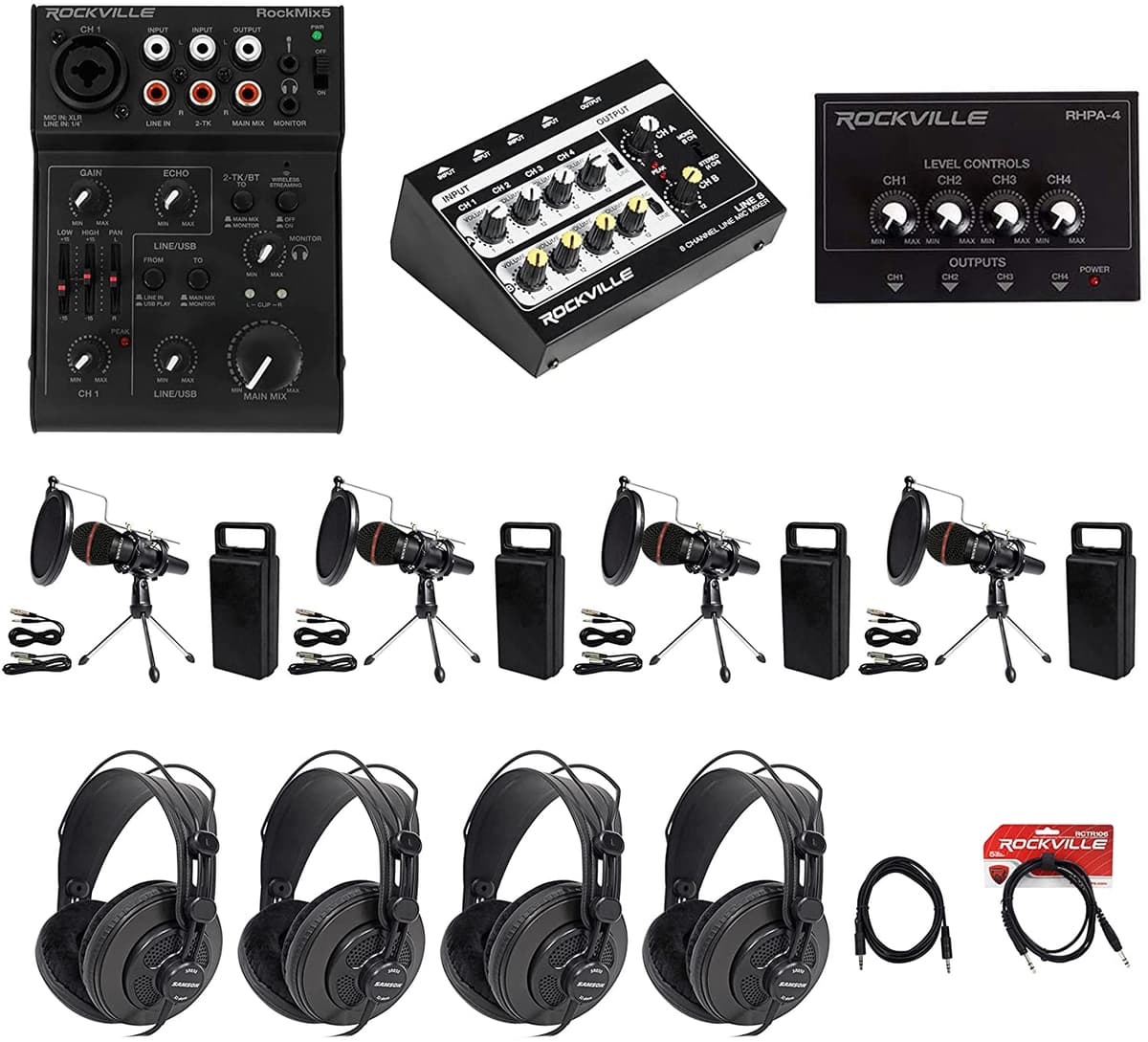 Rockville 4-Personas Podcasting Kit Grabación Kit Mics+Stands+Auriculares RockMix 5+LINE8 BROAD 4