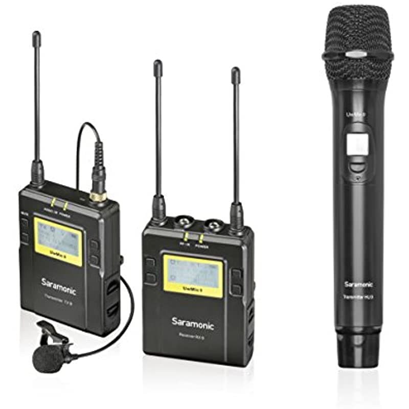 Saramonic UwMic9 UHF sistema de micrófono inalámbrico Lavalier + de mano, transmisor bodypack + mic Lavalier + mic de mano, transmisor receptor, montaje, salidas XLR y 3.5 mm HU9+RX9+TX9