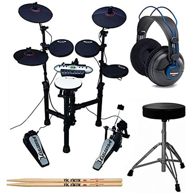 Carlsbro CSD130 batería electrónica compacta de 9 piezas + banqueta de batería + auriculares de aislamiento para baterista + baquetas Vic Firth American Classic 5A CRCSD130/K1