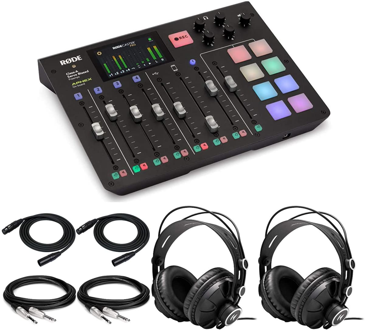 Rode Rodecaster Pro Podcast Production Studio bundle con auriculares Knox Gear, monitor de estudio, 2 cables XLR y cables TRS de 1/4" (7 artículos) ARODECASTPROK2