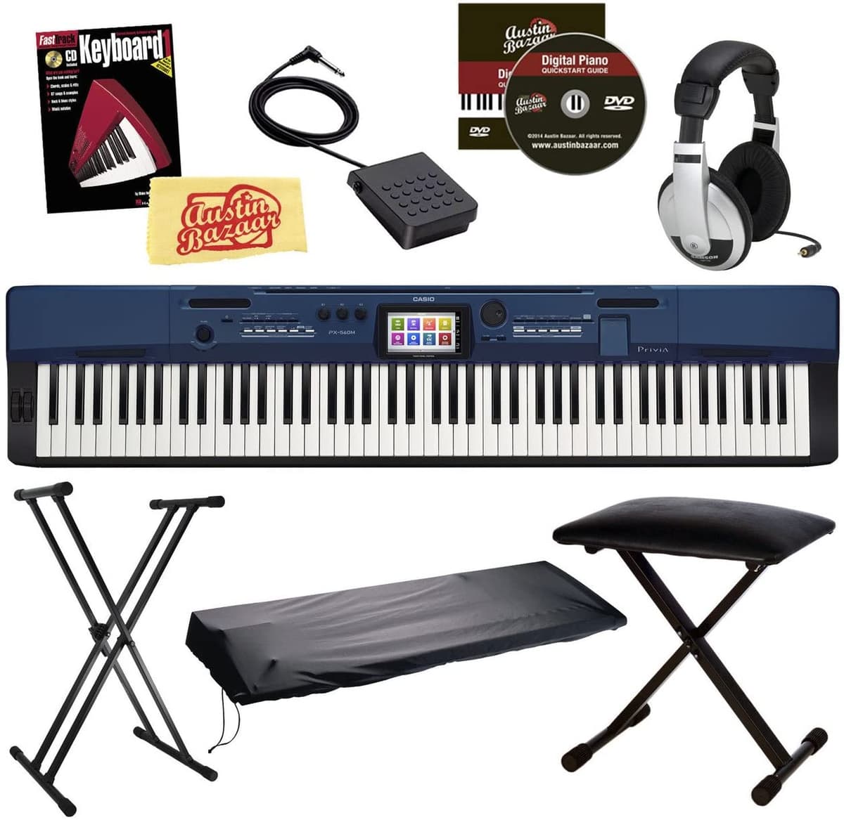 Casio Privia Px-560 Digital Piano Blue Bundir Stand Bench Polvo Cover Auriculares Sostenga Pedal Libro Instruccional Austin Bazaar Dvd Y Puestivo De Pudizado PX560BE-COMBO-PRO-2