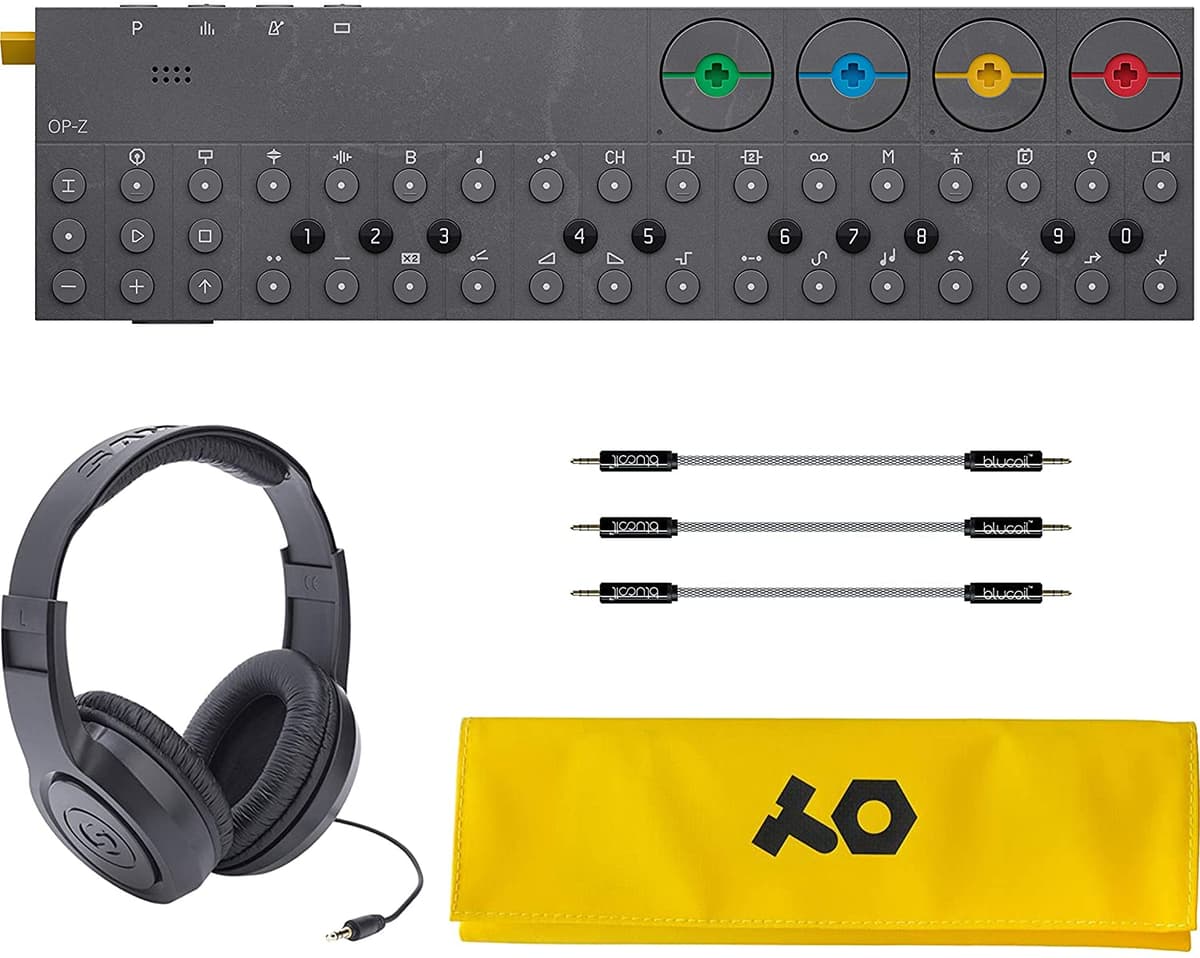 Teenage Engineering Op-Z - Secuenciador Inalámbrico Bluetooth Con Bolsa Enrollable De Pvc Op-Z (Amarillo) Auriculares Estéreo Samson Sr350 Y Blucoil 3 Paquetes De Cables Auxiliares De Audio De 7 Pulgadas