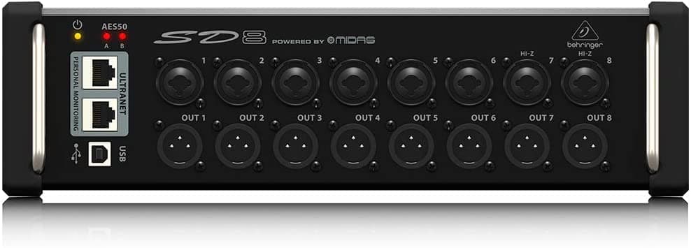 Behringer SD8 Caja de Escenario I/O con 8 Preamplificadores Midas Controlables Remotamente, 8 Salidas, Red AES50 y Centro de Monitoreo Personal ULTRANET