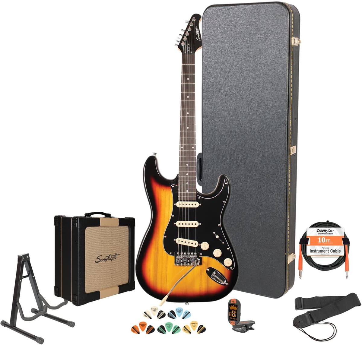 Sawtooth St-Es-Sbb Sunburst Guitarra Eléctrica Pickguard Negro Sawtooth 25W Amp Chromacast Caso Y Accesorios Duros ST-ES-SBB-KIT-4