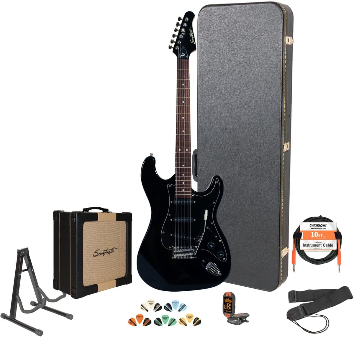 Sawtooth ST-ES-BKB - Guitarra eléctrica negra con pickguard negro, incluye accesorios, amplificador Sawtooth 25W, estuche rígido y lección en línea ST-ES-BKB-KIT-4