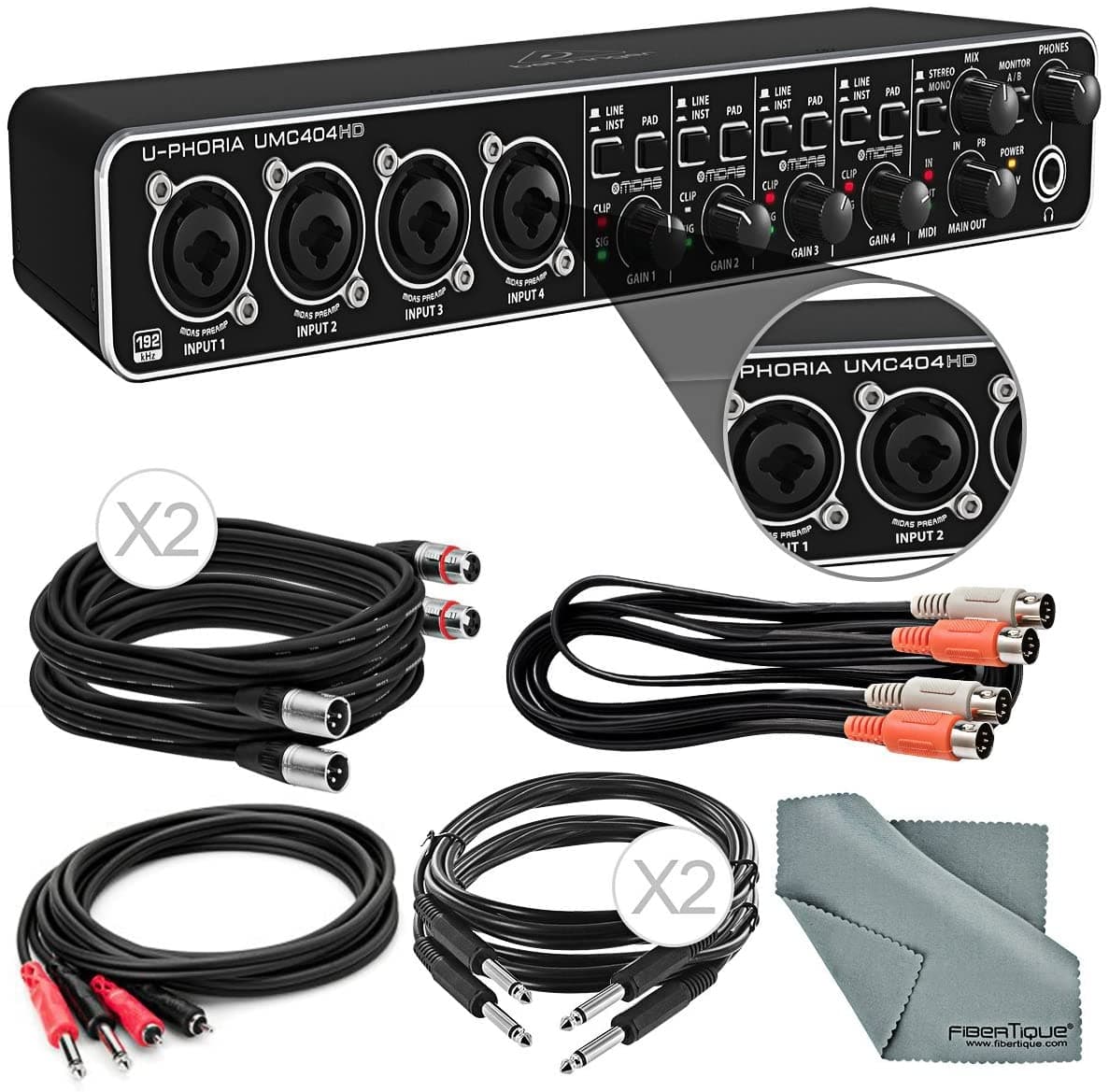 Photo Savings Behringer U-Phoria UMC404HD - Interfaz de audio/MIDI USB 2.0 con accesorios: 4 cables XPIX + cable dual 2RCA macho + cable MIDI dual + Fibertique UMC404HD-B