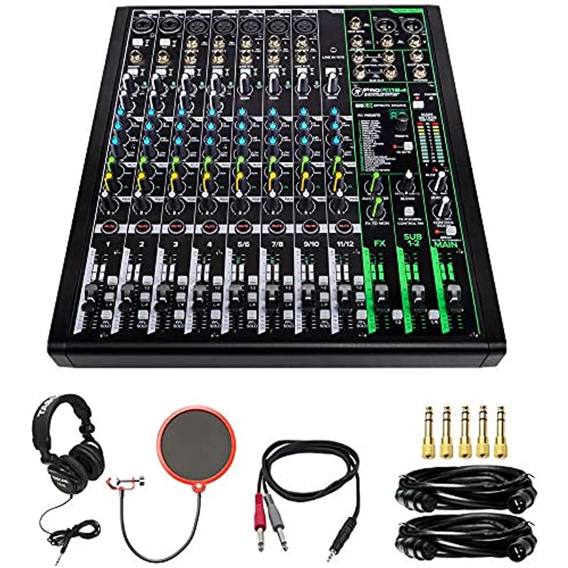 Mackie ProFX12v3 Consola de Mezcla Profesional de 12 Canales con Efectos y USB + Auriculares Tascam + Cables XLR + Filtro Anti-Pop E2MKIEPROFX12V3