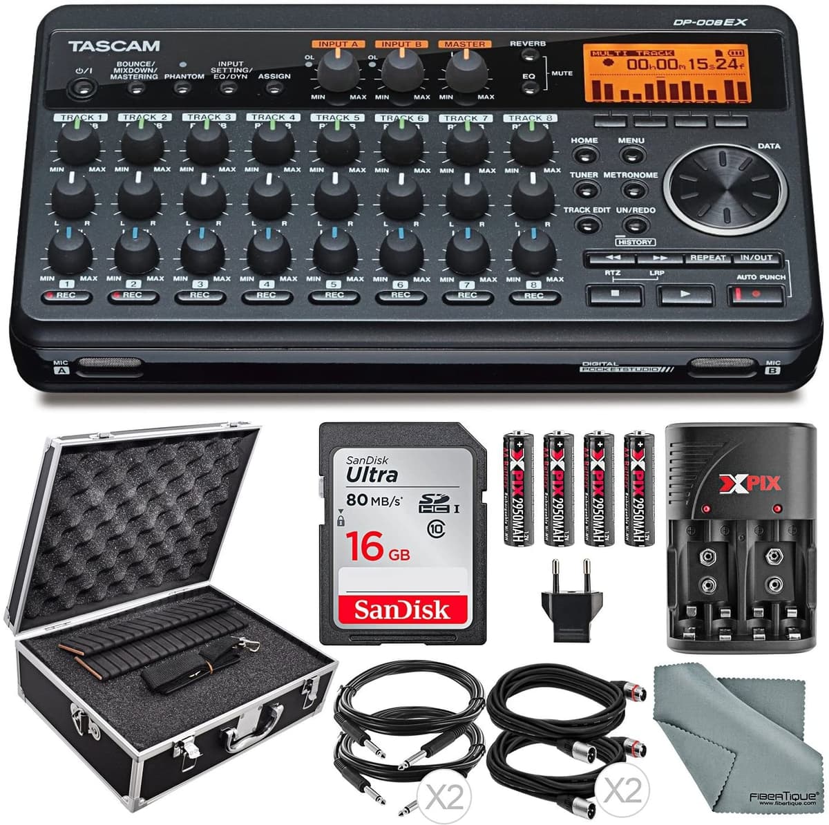 Tascam Dp-008Ex 8-Track Digital Pocketstudio Bundle Con Funda Protectora + Rechargerbale Baterías & Cargador + Cables + 16 Gb + Fibertique Paño De Limpieza PS-DP-008EX-CA