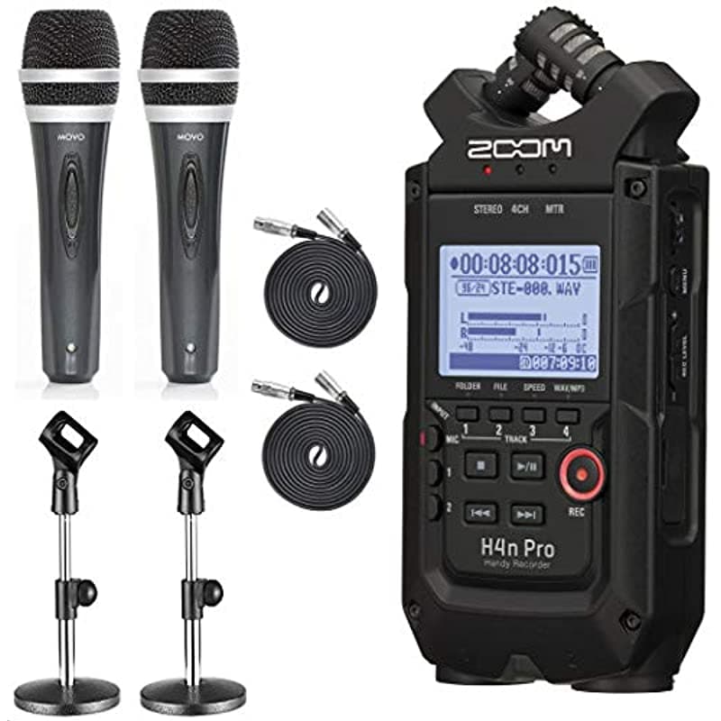 Zoom H4N Pro 4 Canales Handy Grabador El Paquete De Movo Podcasting Que Incluye 2 Paquetes De De Mano Micrófonos Soportes De Micrófonos Clips Y Cables 2020 Versión H4n+MV-M1+Stand+Clip+XLR3x2