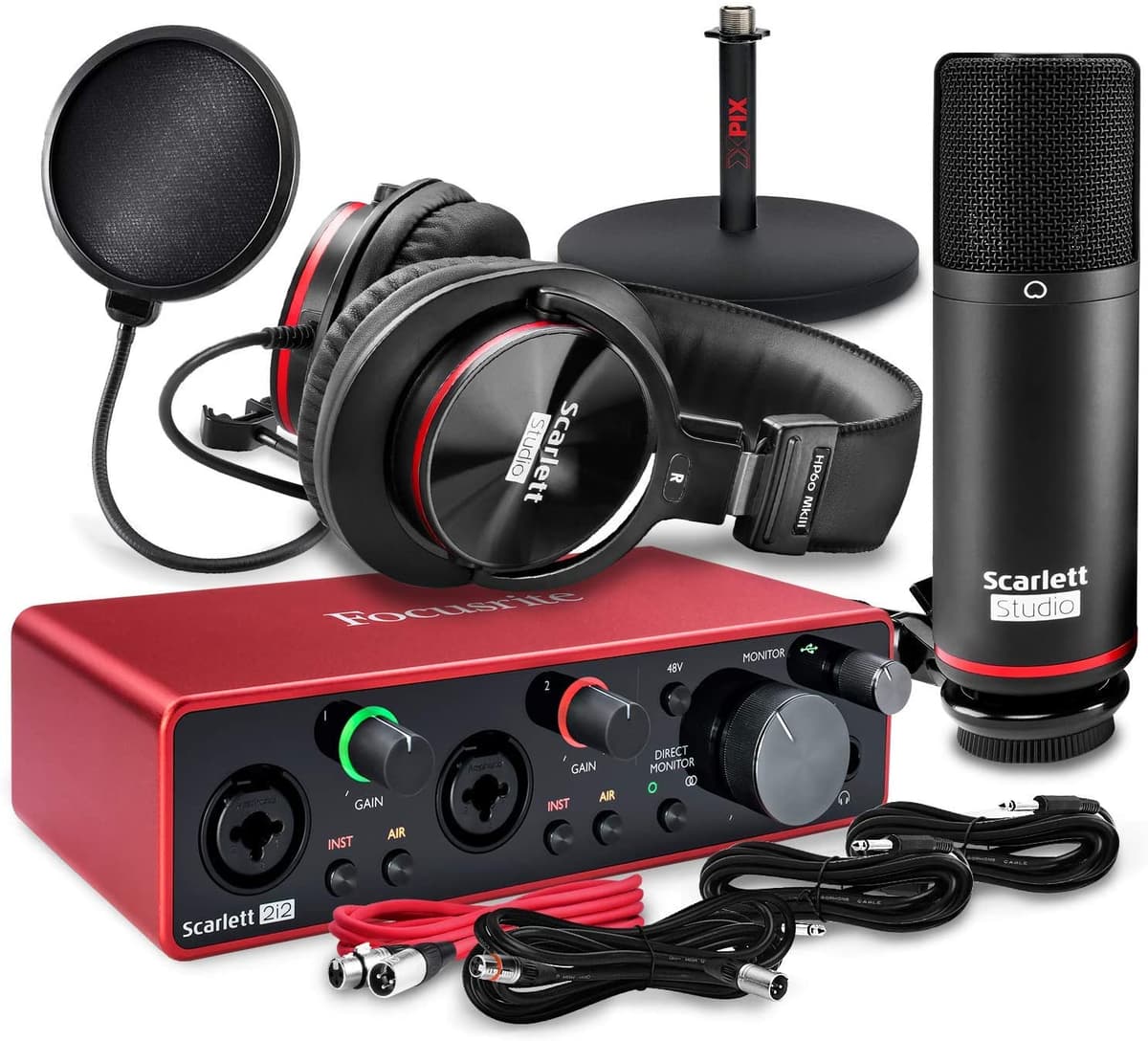 Focusrite Scarlett 2I2 - Paquete De Estudio De 2 Salidas (3ª Generación) Con Micrófono De Condensador Cm25 Mkiii Auriculares Profesionales Hp60 Mkiii + Filtro De Pantalla Xpix Soporte De Micrófono Xpix Cables Y Accesorios