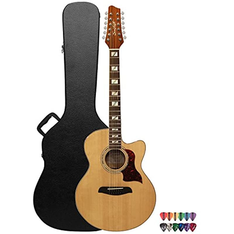 Sawtooth Solid Spruce Top Jumbo Cutaway 12 Cuerdas Guitarra Electroacústica con Fondo y Lados de Arce Flameado, Preamp Fishman, Estuche Rígido y Muestra de Púas ST-MPL-AEJC-12-KIT-1