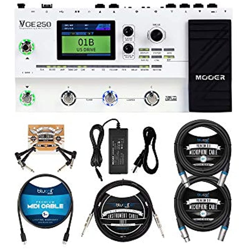 Mooer Ge250 Paquete De Modelado De Amplificador De Guitarra Y Pedal De Efectos Múltiples Con Blucoil 2-Pack De Cables Xlr Equilibrados De 10 Pies Cable De Instrumento Recto De 10 Pies (1/4") Cable Midi De 5 Pies Y 2 Cables De Conexión De Pedal A1965