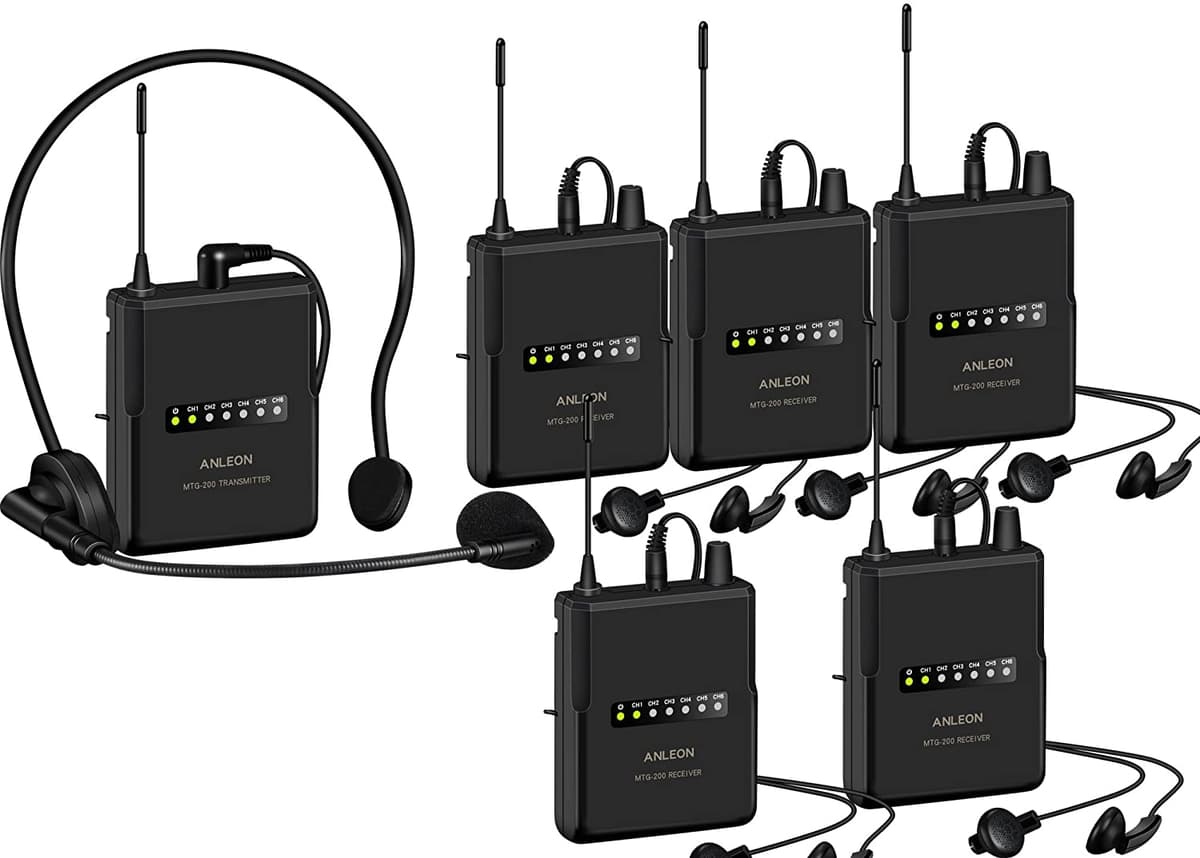 ANLEON MTG-200 Sistema Inalámbrico para Guías Turísticos e Interpretación de Idiomas 915Mhz (5 Receptores)