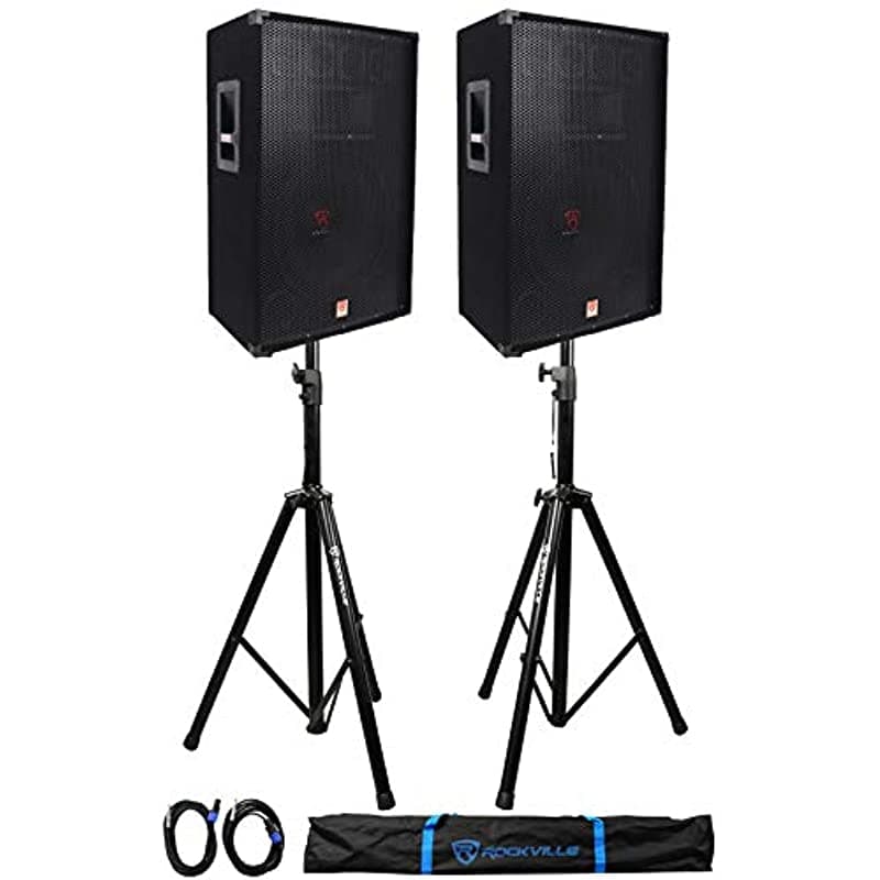 2 Rockville Rsg15 15 3-Vías 1500 Vatios 8-Ohm Dj Pa Parlante +Stands +Cables (2) RSG15+RVSS2-TSNL4