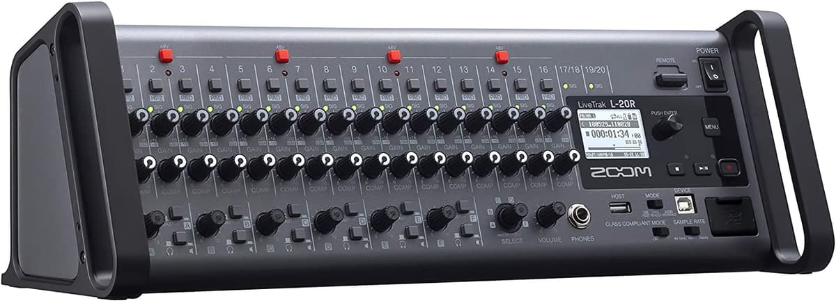 Zoom LiveTrak L-20R Mezclador Digital y Grabador Multitrack, Montaje en Rack, 20 entradas, 22 canales, 22-in/4-out USB, Control iOS inalámbrico
