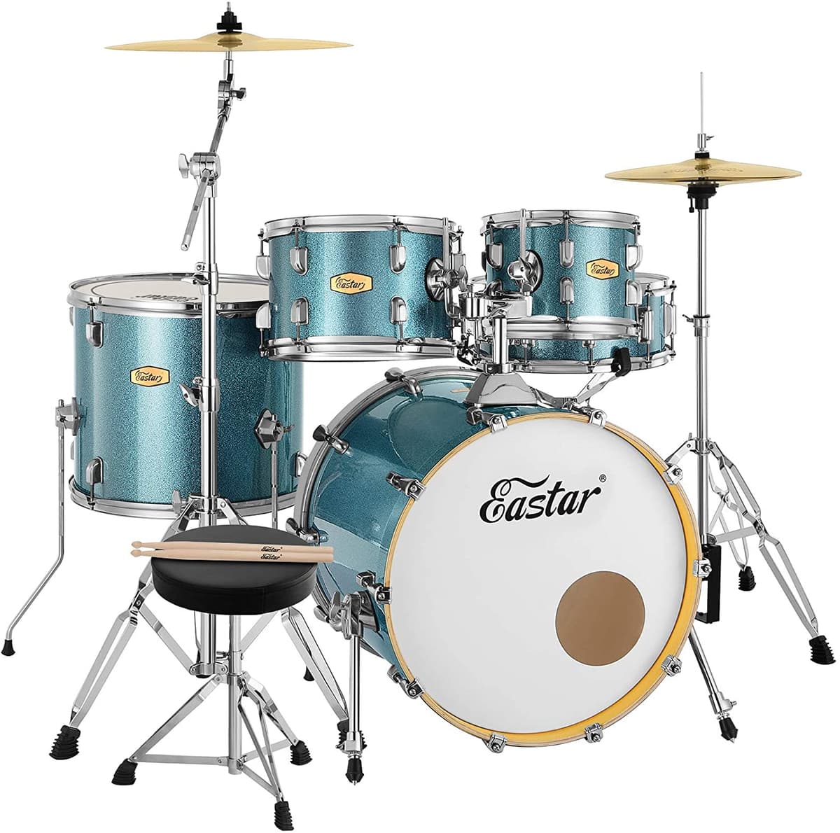Moukey Eastar 20 Pulgadas De Batería De 20 Pulgadas Adolescentes De 5 Piezas De 5 Piezas Kit De Batería De Tamaño Completo Platillo Stands Y Palos Estrellados Azul