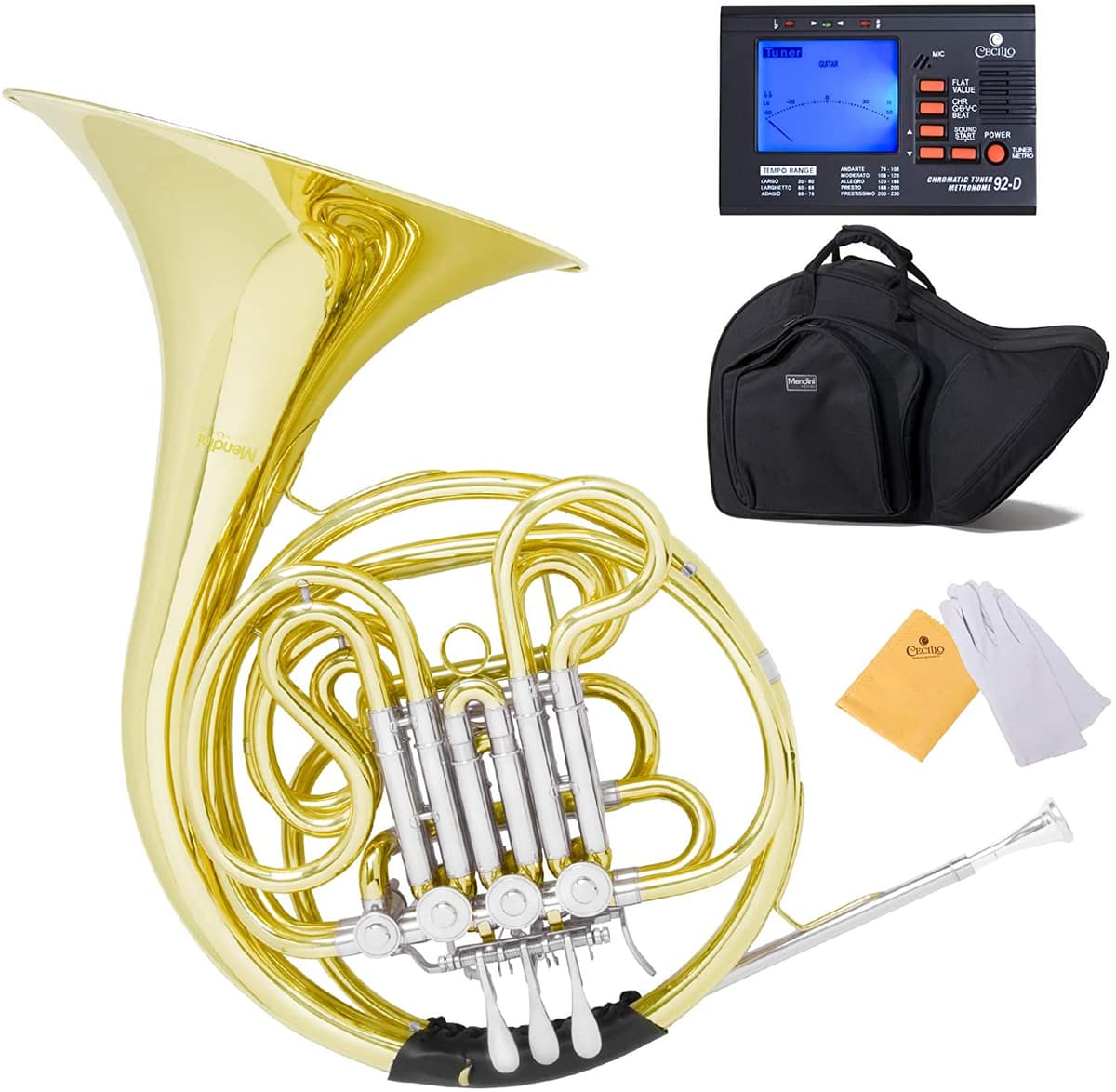 Mendini MFH-30L+92D Trompa Doble Intermedia en Clave de F/Bb con Rotores Sólidos y Acción de Palanca de Cuerdas
