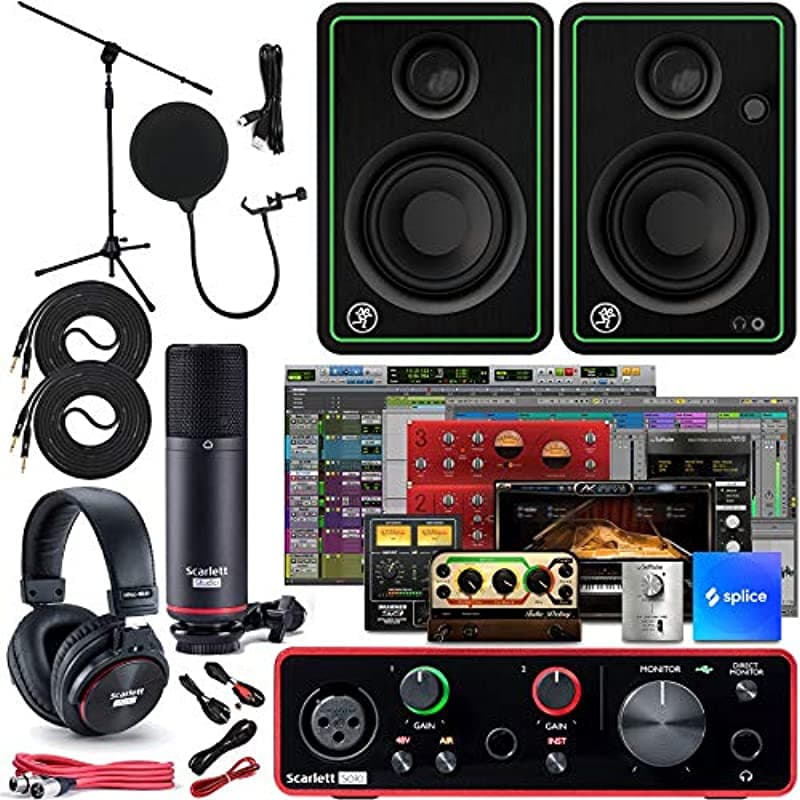 Focusrite Scarlett Solo Studio - Interfaz De Audio Usb De 3ª Generación Y Paquete De Grabación Con Monitores (Par) Soporte De Micrófono Cable Ts De 0.315 In (Paquete De 2) Y Filtro Pop (5 Artículos)