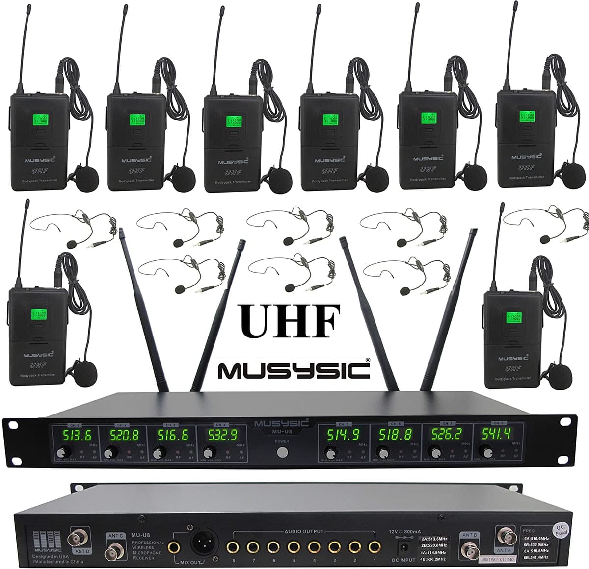 Musysic Mu-U8-Ll Profesional 8 Canales Uhf Lapel Lavalier Y Auricular Inalámbrico Sistema De Micrófono (Cumple Con Fcc)