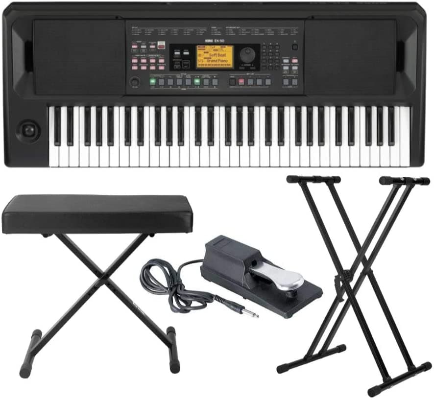 Korg EK-50 Teclado Entertainer Paquete con Banqueta Ajustable Estilo X, Soporte de Teclado Ajustable y Pedal de Sustain (4 Artículos) KORG-EK50_K1