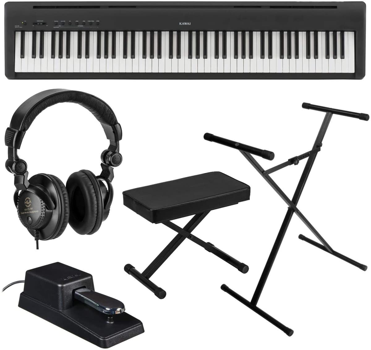 Kawai Es110 - Piano Digital Portátil De 88 Teclas Negro Elegante Paquete Con Auriculares Para Monitor H Y A Y Pedal De Banco Con Soporte Para Teclado H&A ES110 A