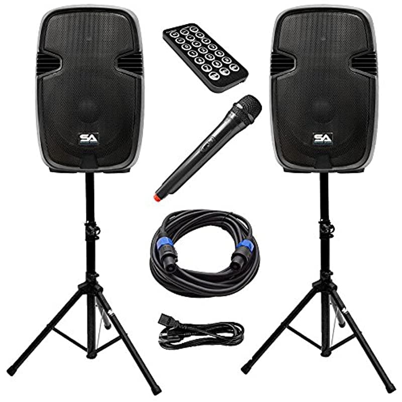 Seismic Audio - Paio15 - Activo 15 Inch Pa Sistema De Altavoces - Bluetooth Micrófono Inalámbrico Soportes Para Altavoces Y Cables - Portón Trasero Karaoke Altavoz