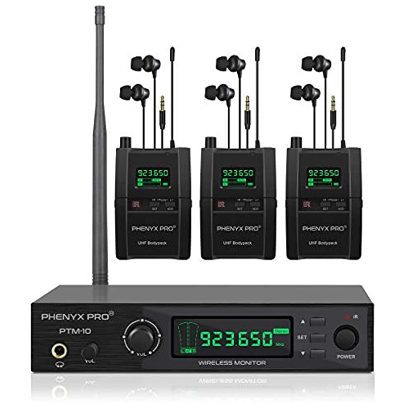 Phenyx Pro Uhf - Sistema De Monitor De Audio Inalámbrico En El Oído Frecuencia Seleccionable De Banda De 900 Mhz Montaje En Bastidor Funcionamiento De 160 Pies Ideal Para Escenarios Y Estudio (Ptm-10 Tres Receptores)