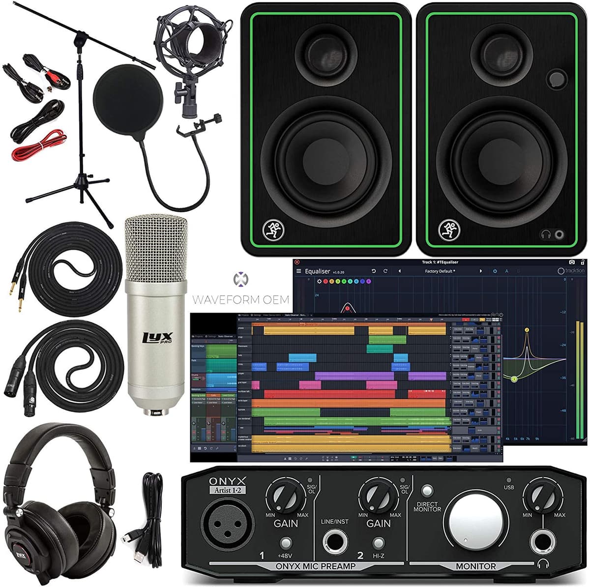 Mackie Onyx Artist 1-2 Interfaz de Audio con Software de Producción Musical, Par de Monitores CR3-X, Micrófono Condensador de Estudio, Auriculares, Cable XLR y Soporte de Micrófono