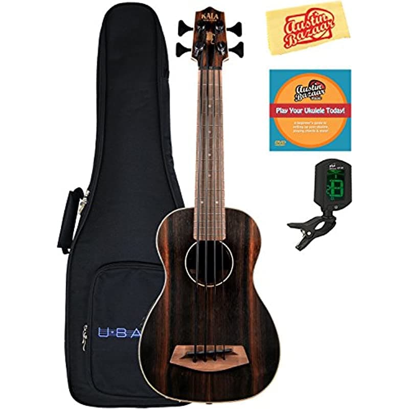 Kala U-Bass-EBY-FS Ukulele Bajo Acústico-Eléctrico Fretted de Ébano Rayado, Paquete con Funda de Transporte, Afinador, DVD Instructivo de Austin Bazaar y Paño para Pulir UBASS-EBY-FS-COMBO-STD